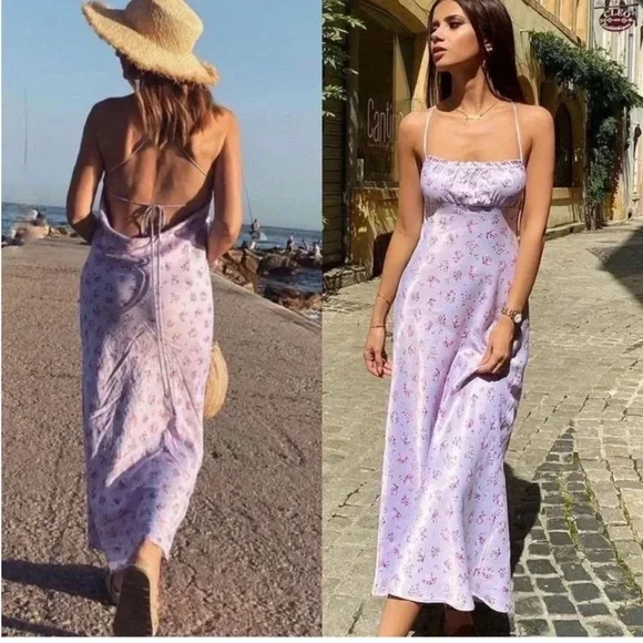 Zara Floral Lavender Satin Maxi Dress - Picture 2 of 7